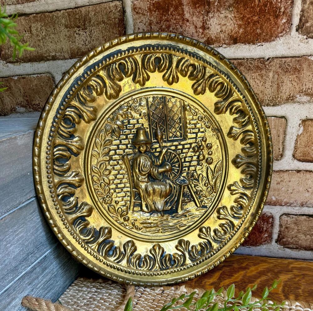 Vintage English Brass Wall Plaque | Embossed Tavern Scene | Mid Century